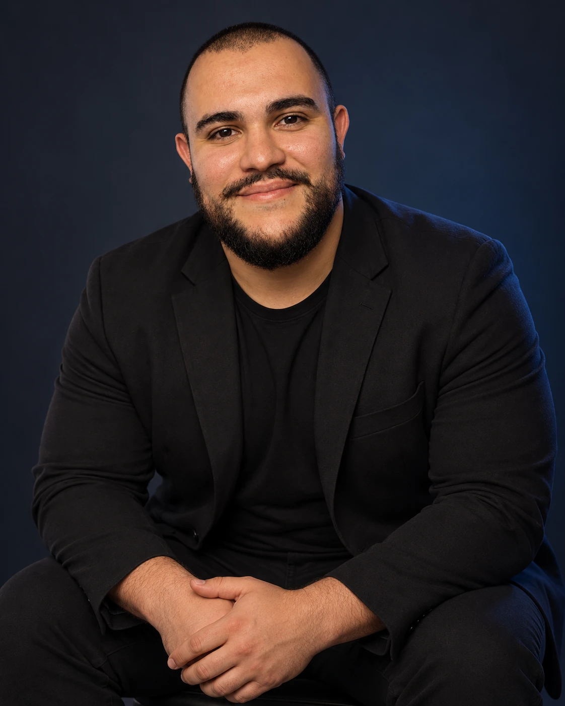 André Guerra com expressão receptiva e sorriso natural para iniciar uma conversa