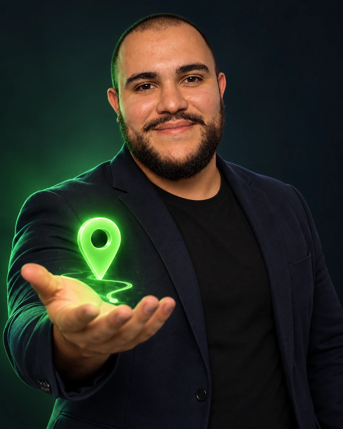 André Guerra com um marcador de localização, representando a descoberta de negócios locais