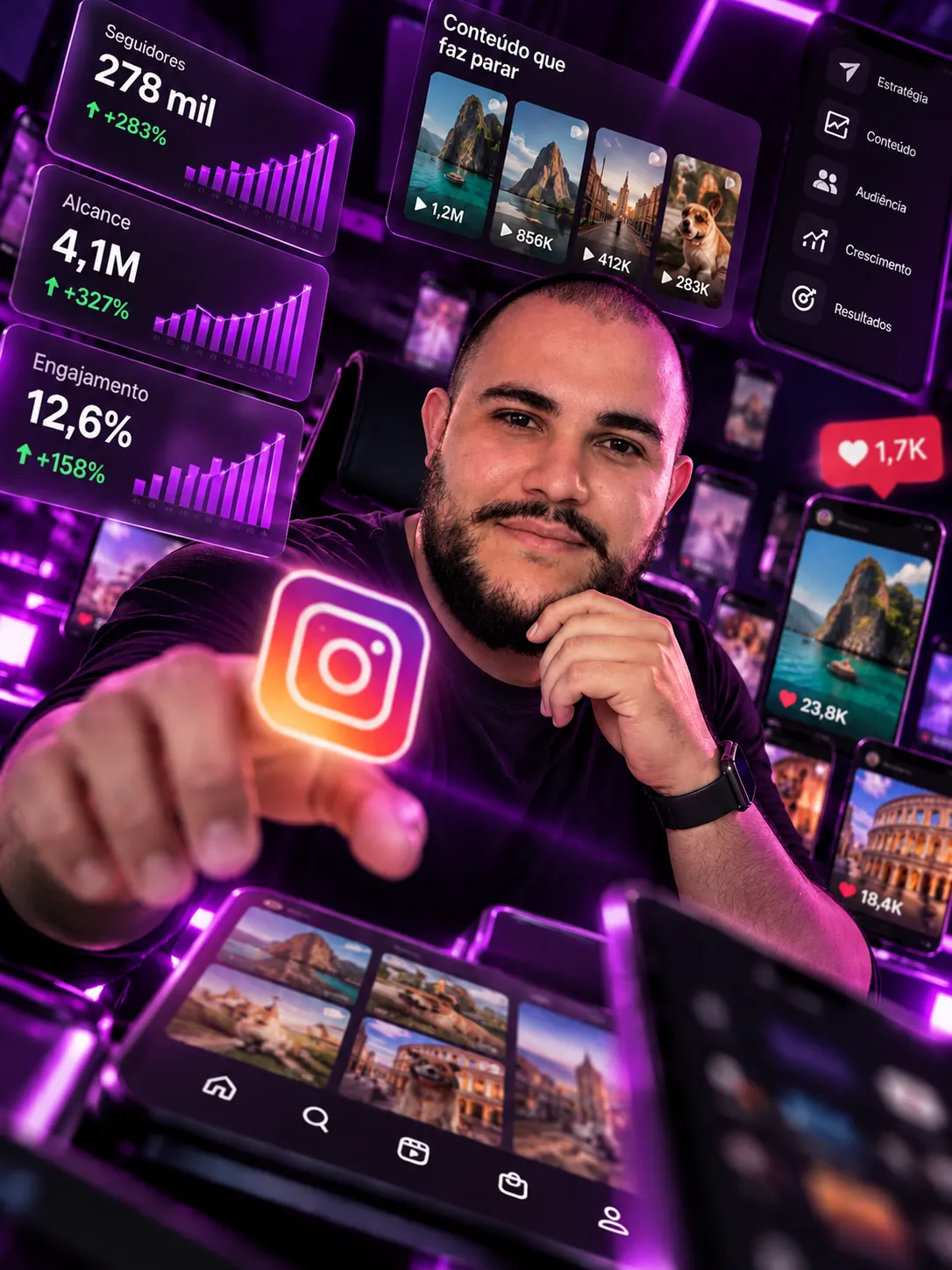 André Guerra tocando o ícone do Instagram, cercado por painéis de luz com seguidores, alcance, engajamento e posts