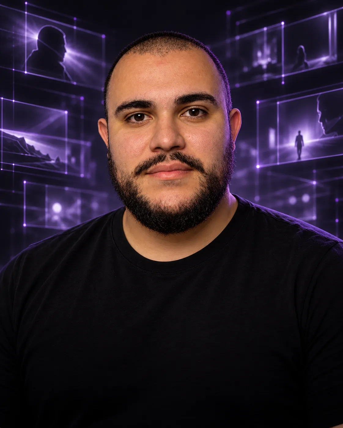 Retrato de André Guerra diante de quadros de storyboard feitos de luz