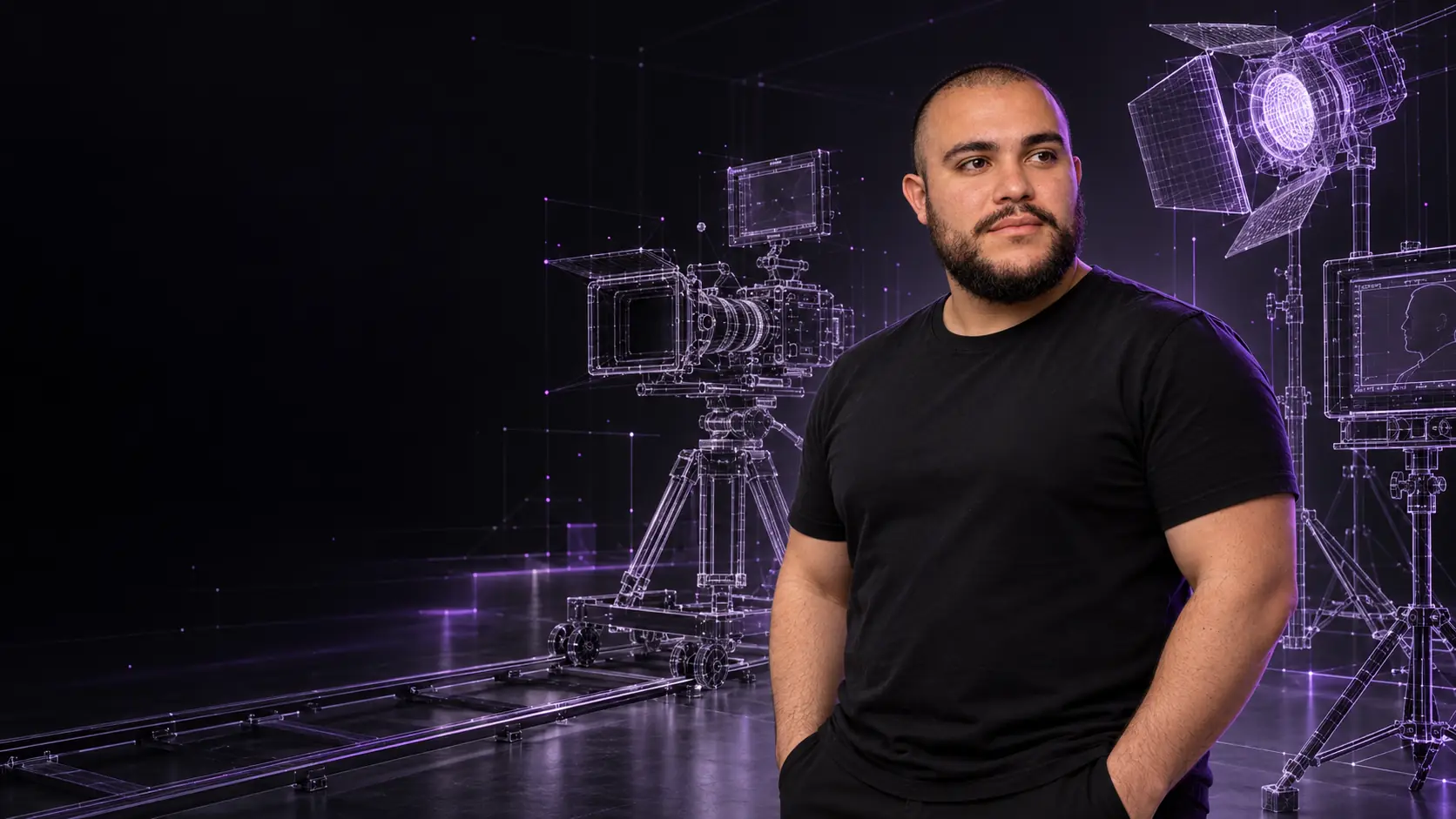 André Guerra em um set de filmagem digital, com câmera, trilho e refletores feitos de linhas de luz